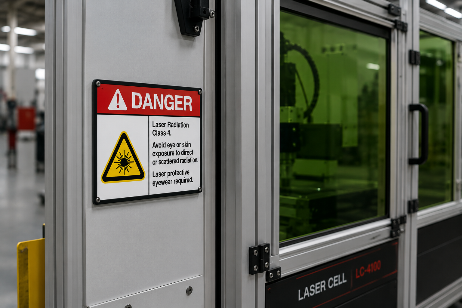 Class 4 laser safety warning sign mounted beside an enclosed industrial laser cell with laser safety viewing windows.