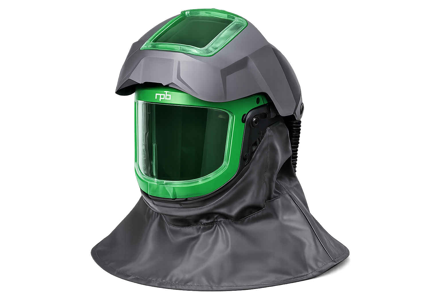 Laser cleaning helmet with integrated green laser protection face shield, head protection, and neck coverage for handheld fiber laser cleaning applications.