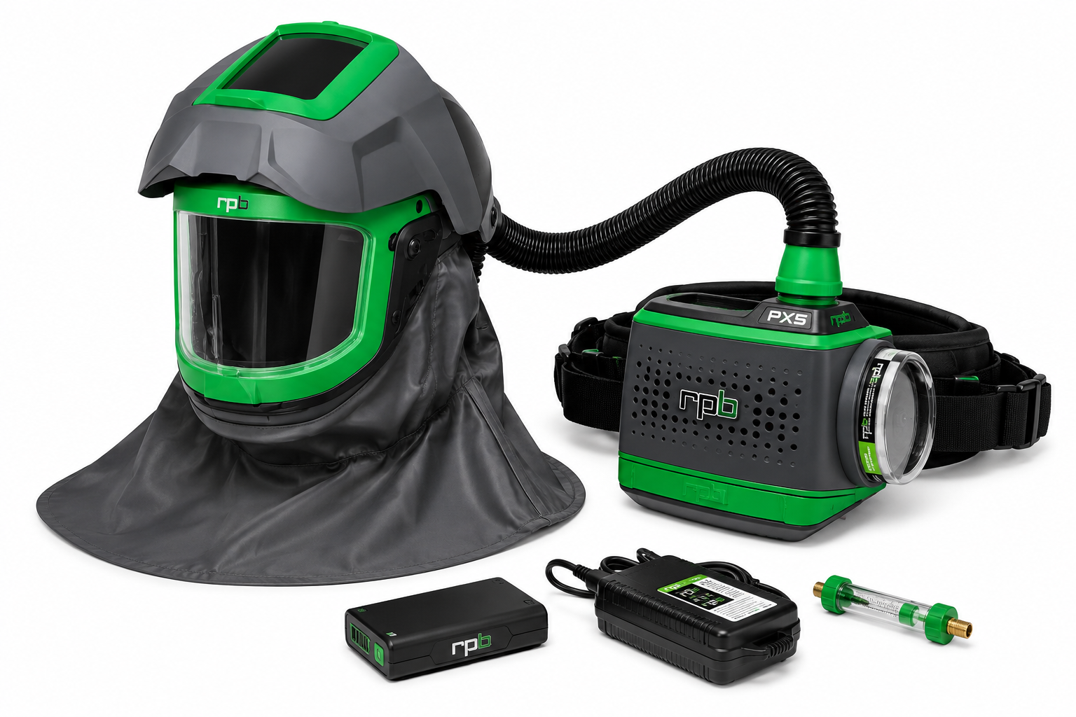 Powered air-purifying respirator (PAPR) laser cleaning helmet system with integrated green laser protection face shield for handheld fiber laser cleaning applications.