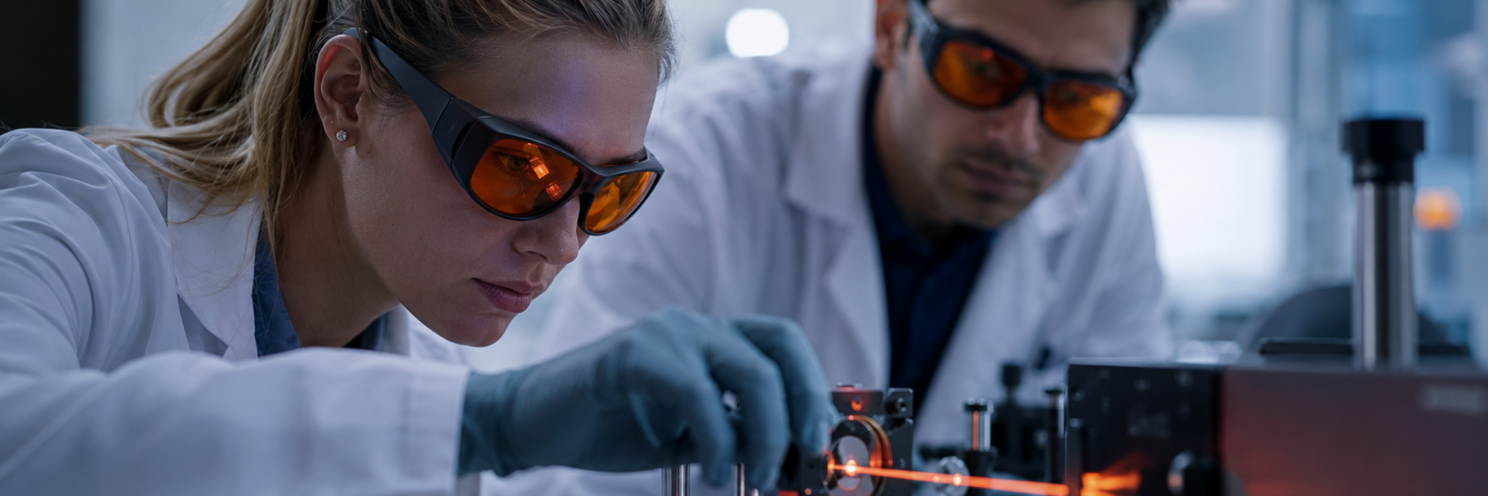 Technicians wearing laser safety glasses while working with precision laser equipment in a laboratory environment.