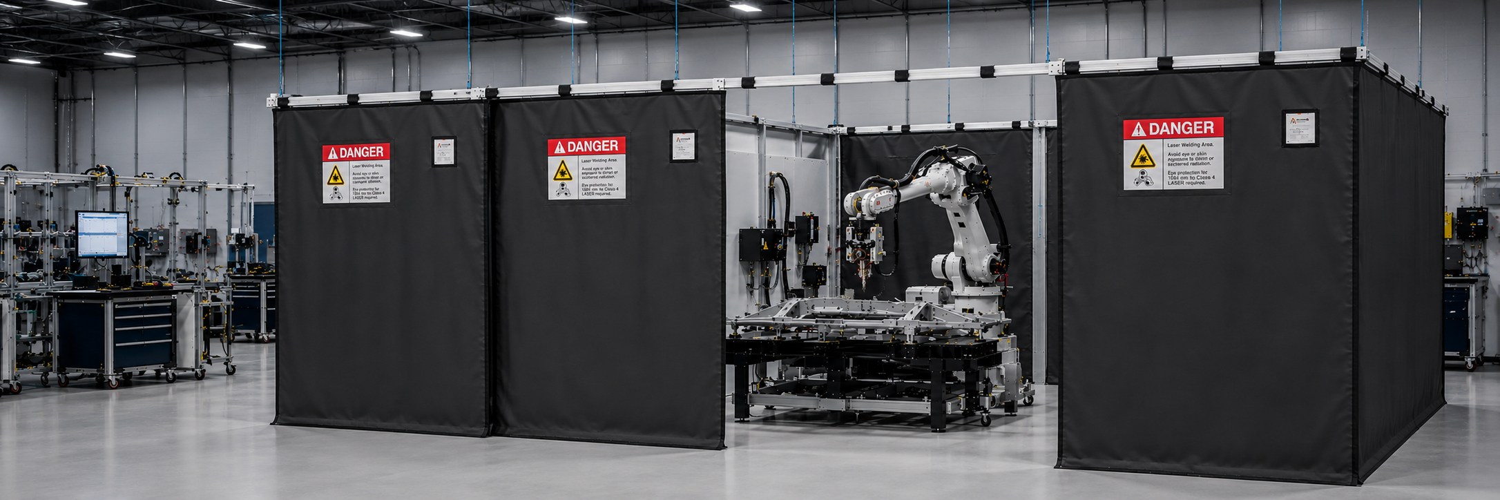 Laser safety curtain containment system surrounding a robotic laser manufacturing cell in an advanced industrial facility.