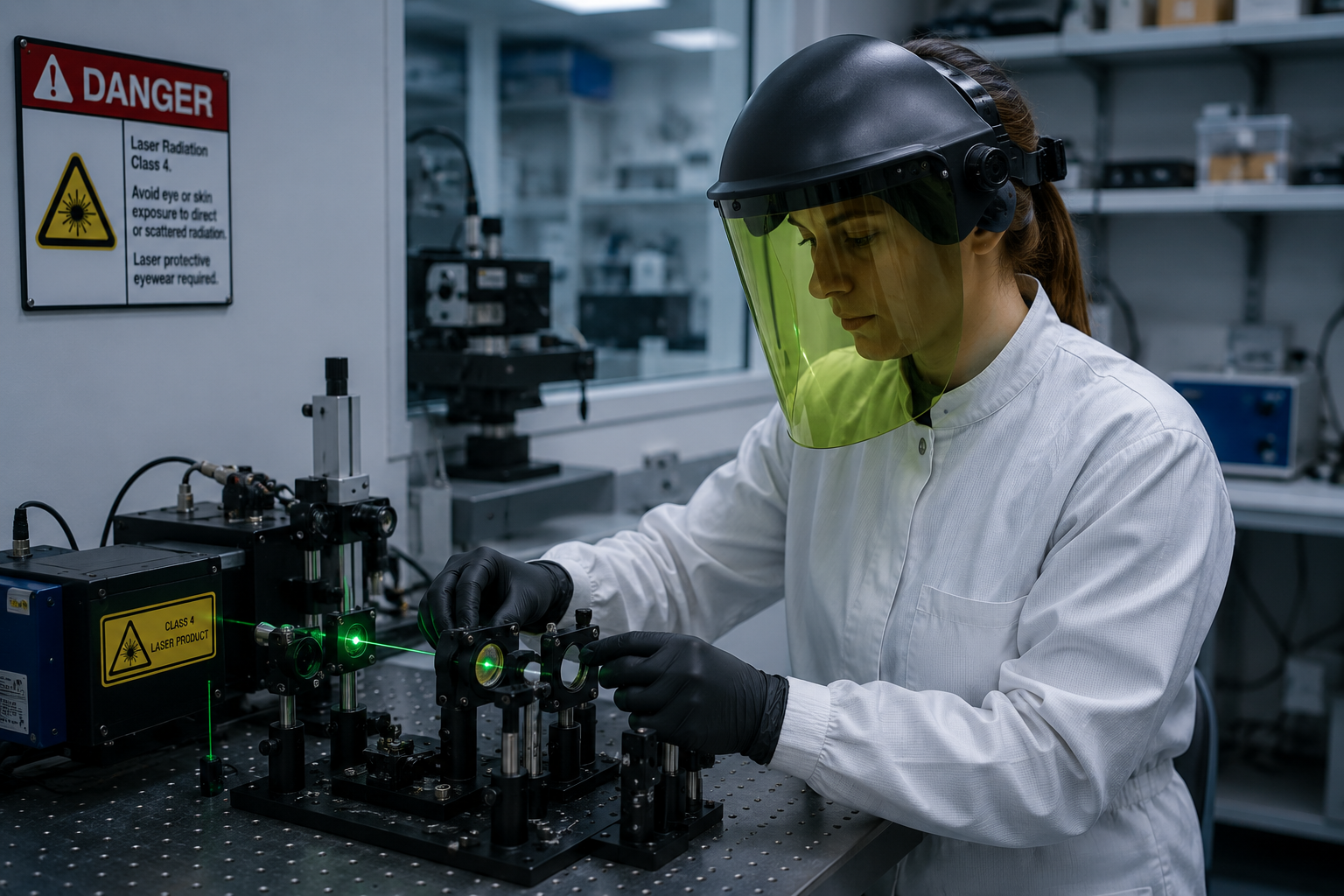 Technician wearing a laser safety face shield aligning optical components in a Class 4 laser laboratory environment.