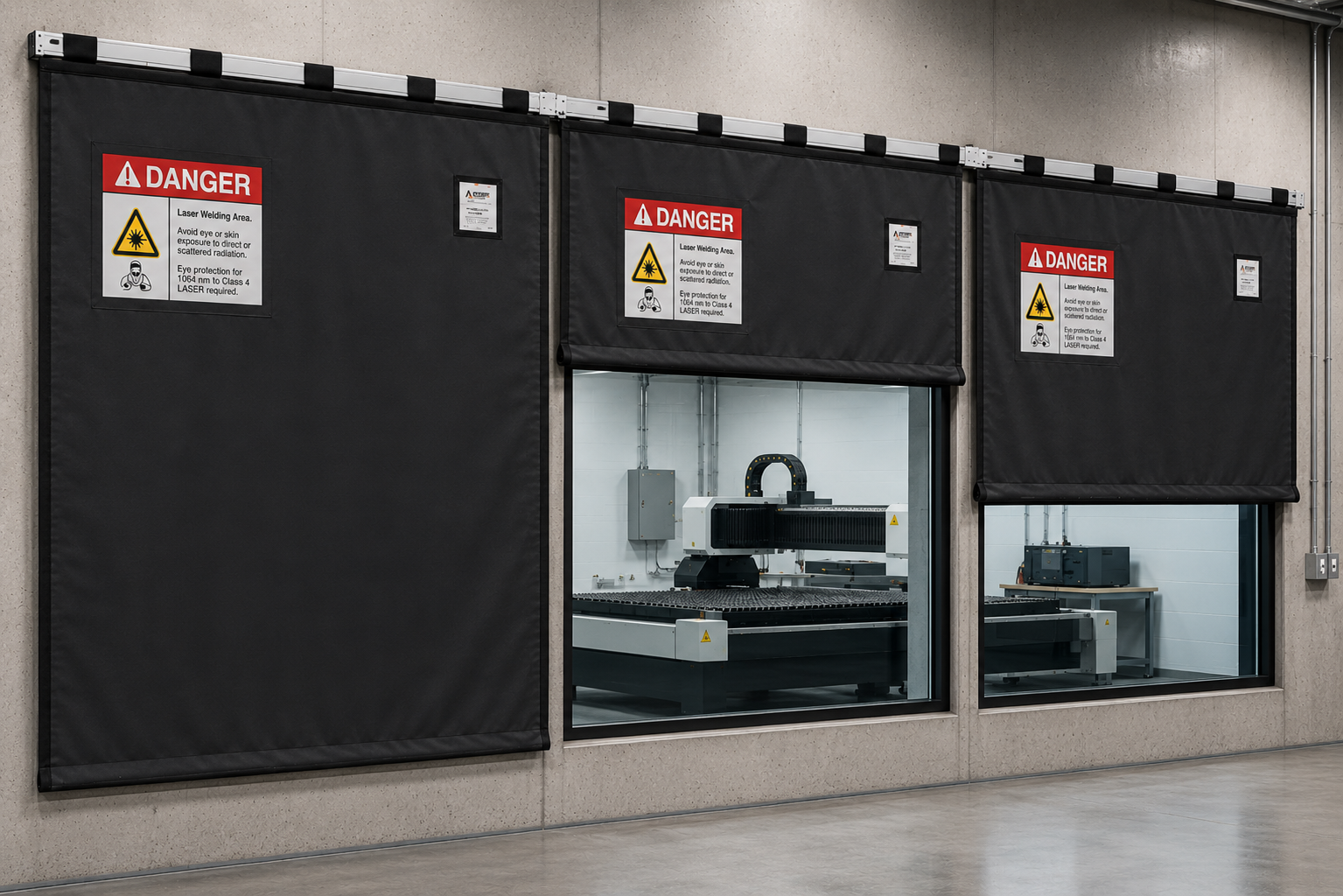 Laser safety window coverings installed over industrial laser room observation windows using black laser safety curtain material with warning labels and retractable track-mounted design.