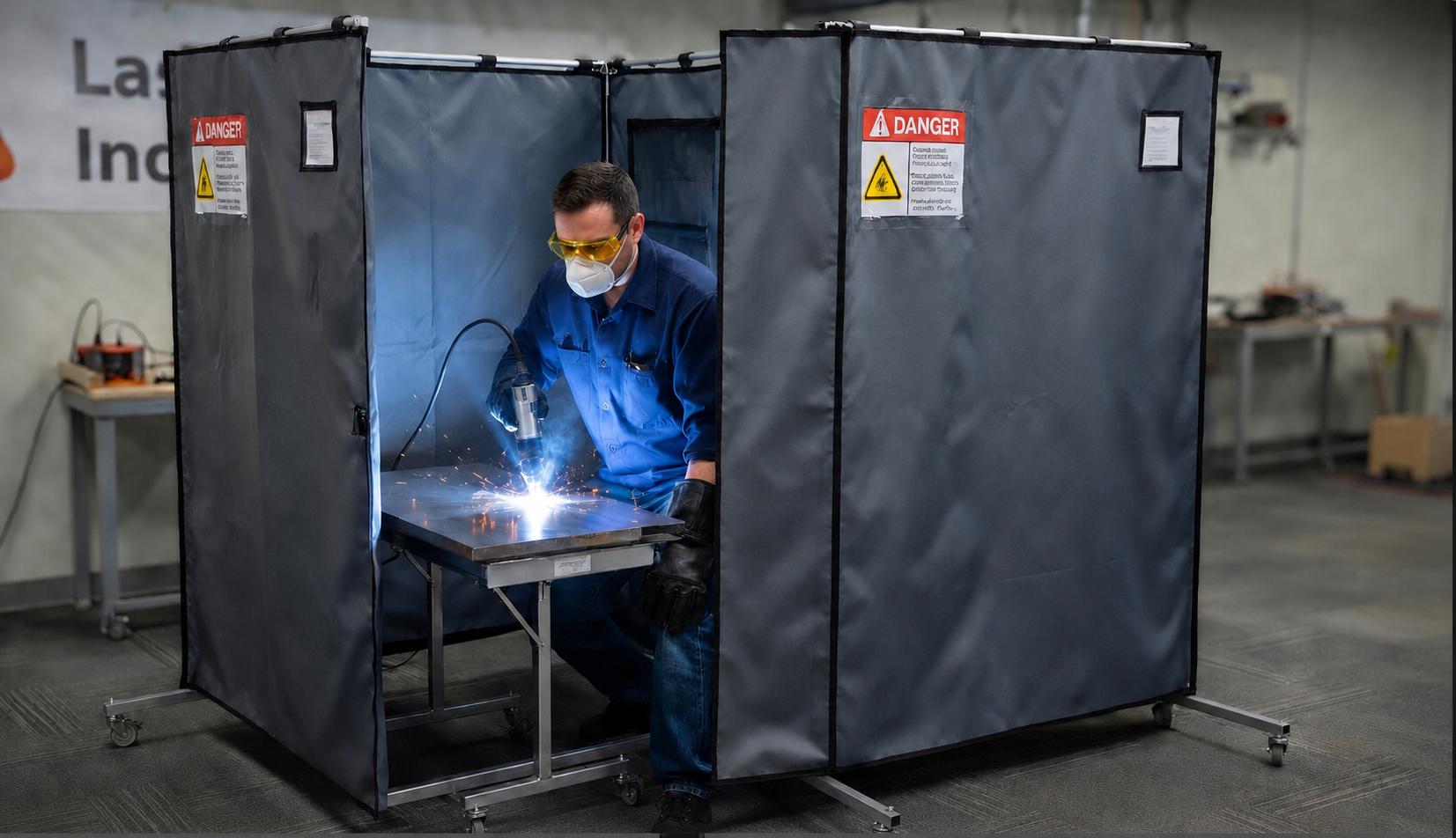 Laser welding barrier enclosure containing handheld fiber laser welding operation with protective laser safety curtains and operator PPE.