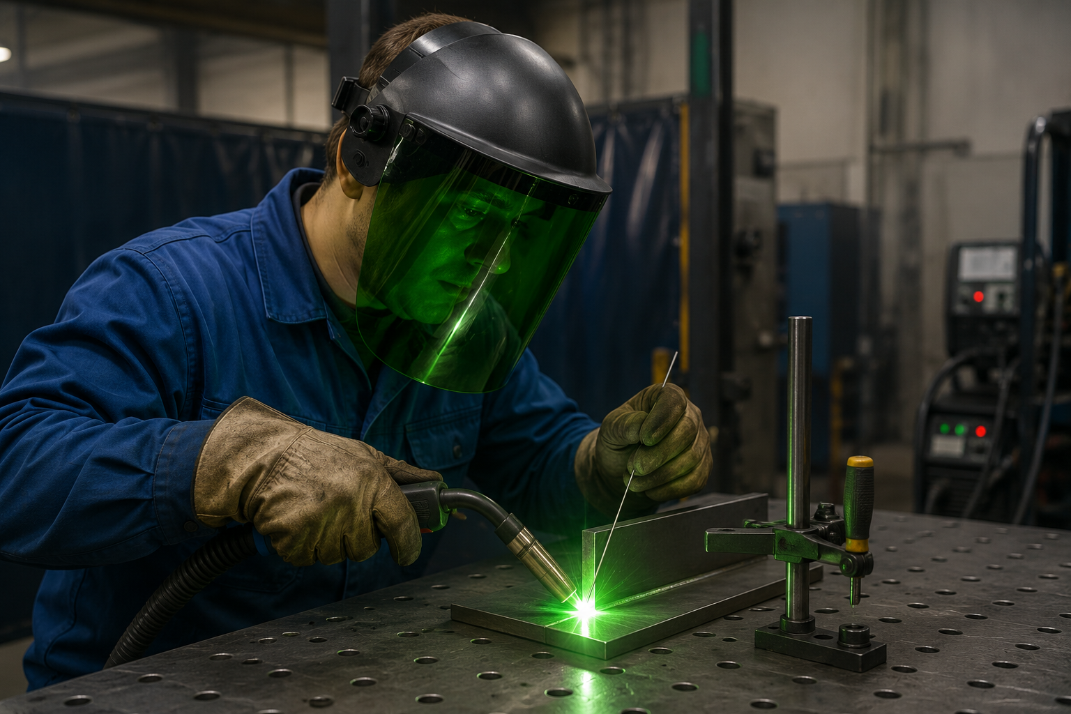 Technician wearing a laser safety face shield performing handheld fiber laser welding in an industrial fabrication environment.