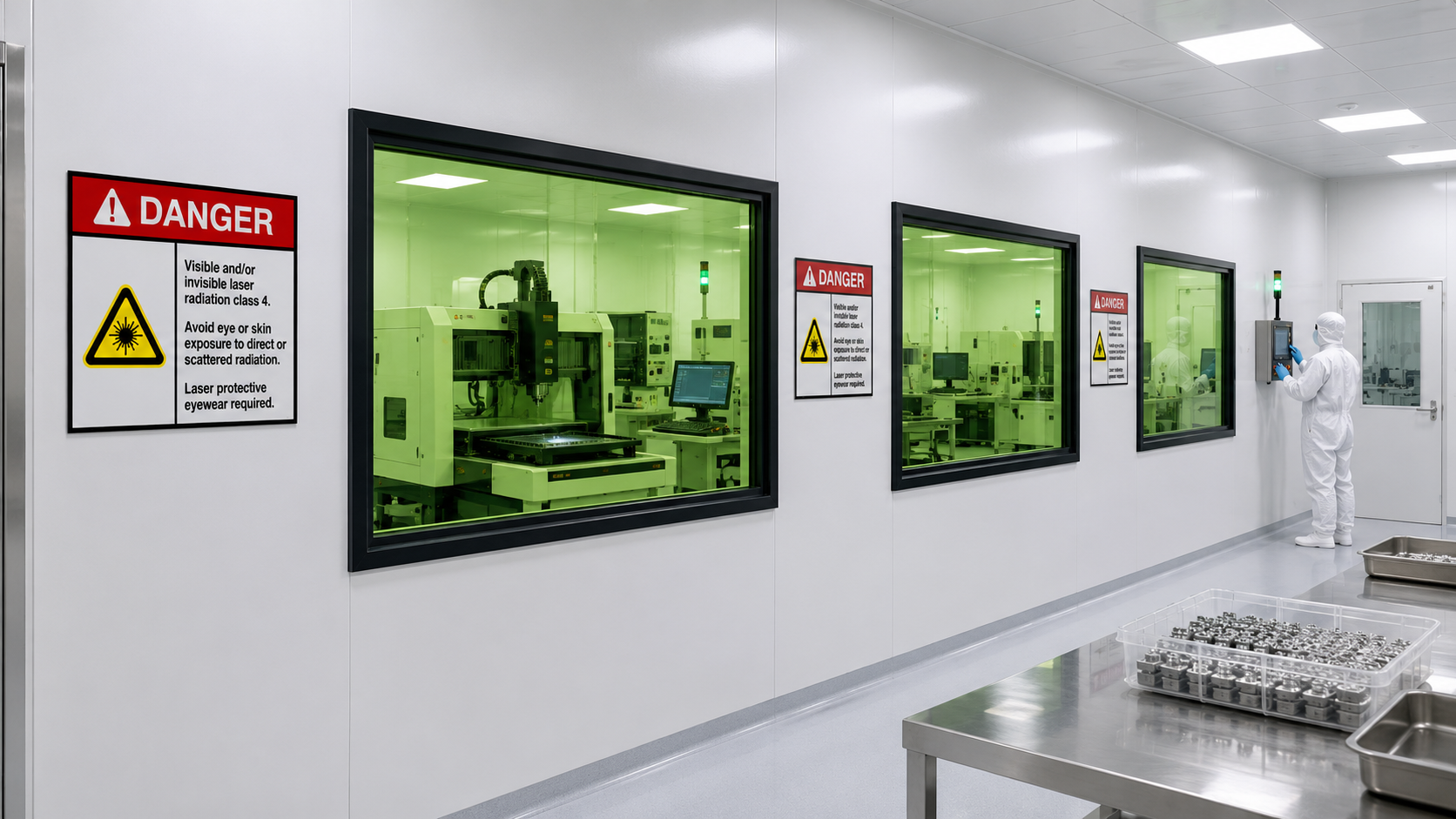 Aerospace and defense laser safety windows integrated into a cleanroom manufacturing environment with precision laser equipment, green laser viewing panels, and Class 4 laser safety signage.