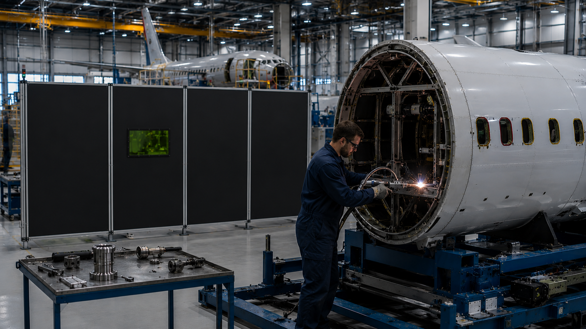 Aerospace manufacturing facility using a portable laser safety barrier system during laser welding and aircraft component assembly operations.