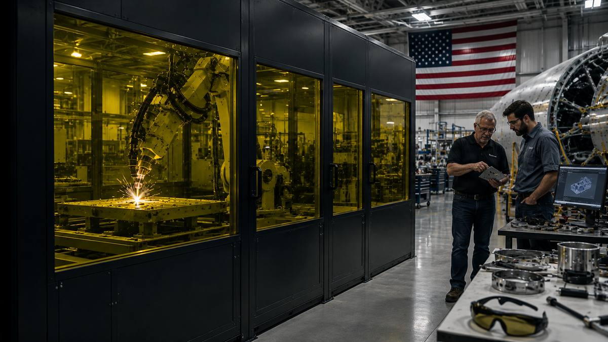 Aerospace manufacturing laser safety enclosure with protective viewing windows for automated laser processing