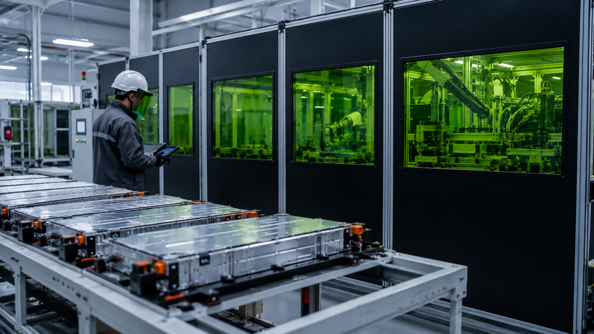Battery manufacturing production line with laser safety viewing windows and enclosed automated laser processing equipment in an industrial facility.