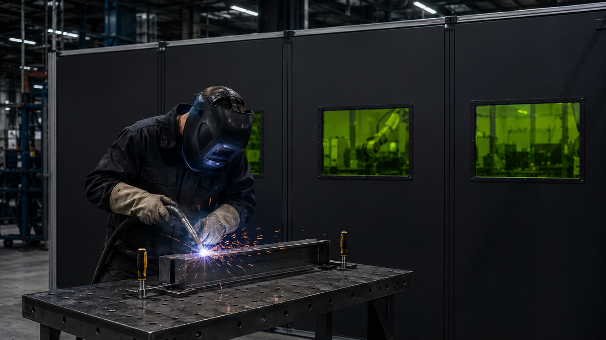 Operator performing handheld laser welding in front of a laser safety barrier system with integrated laser viewing windows in an industrial manufacturing environment.