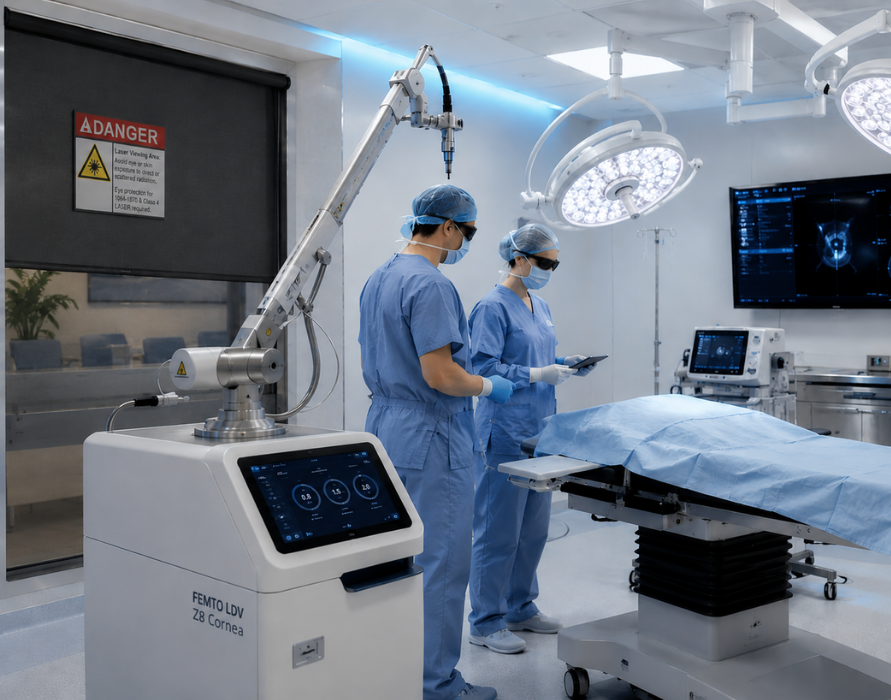 Hospital operating room equipped with laser safety window coverings and protective eyewear for medical laser procedures.