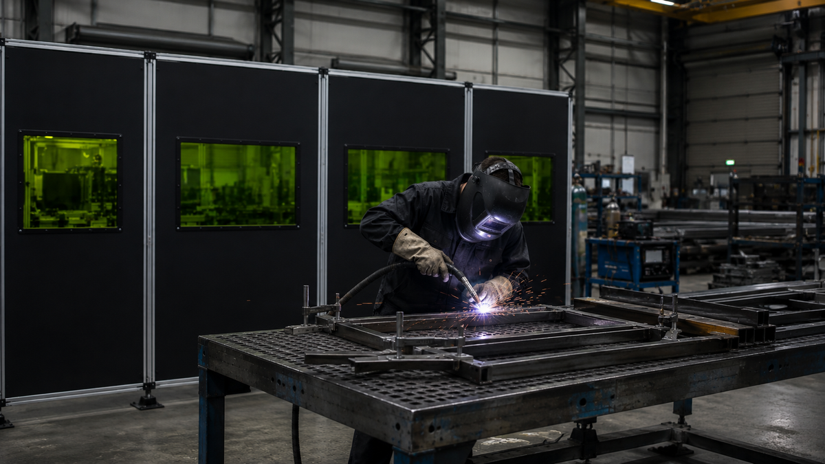 Industrial fabrication facility using a laser safety barrier system with laser viewing windows during handheld laser welding operations.