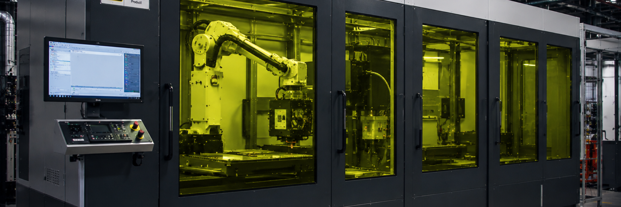 Automated industrial laser manufacturing cell with integrated laser safety viewing windows and robotic processing equipment