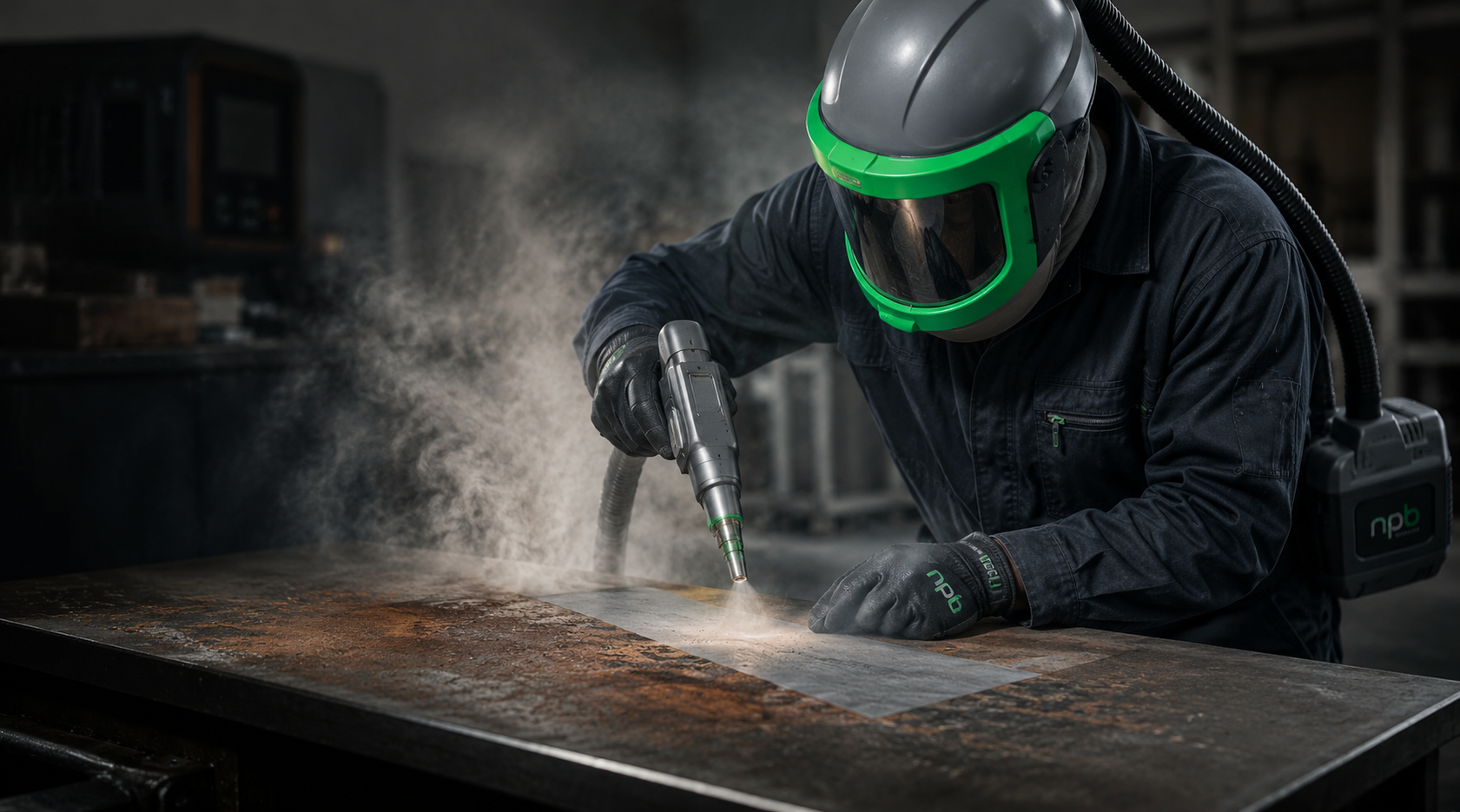 Operator using a PAPR respirator during handheld industrial laser cleaning on oxidized metal surface