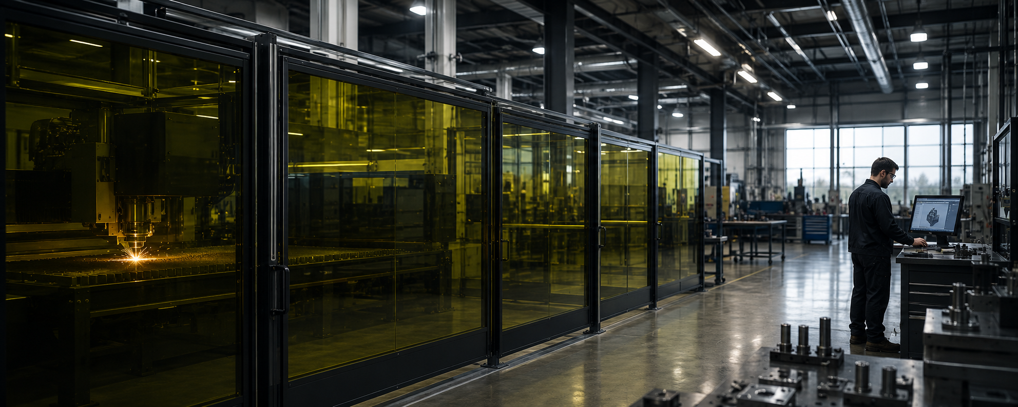 Industrial laser safety window enclosure surrounding automated laser machining system in a manufacturing environment