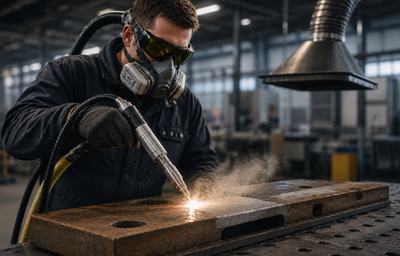 Technician performing industrial laser cleaning while wearing laser safety eyewear and respiratory protection beneath a local fume extraction system.