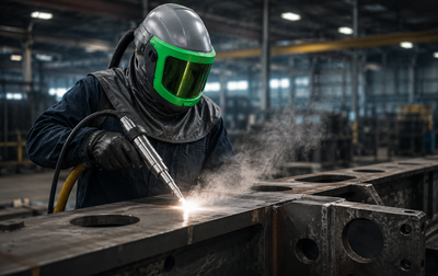 Technician performing industrial laser cleaning while wearing a laser cleaning face shield system with integrated powered air-purifying respirator (PAPR).