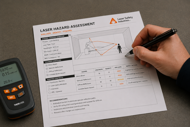 Laser hazard assessment for an industrial laser application showing evaluation of beam paths, reflections, and safety controls