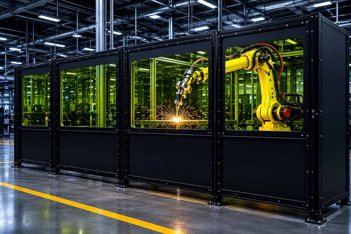 Automated laser welding cell operating inside a rigid laser safety containment enclosure with laser safety viewing windows in an industrial manufacturing facility.