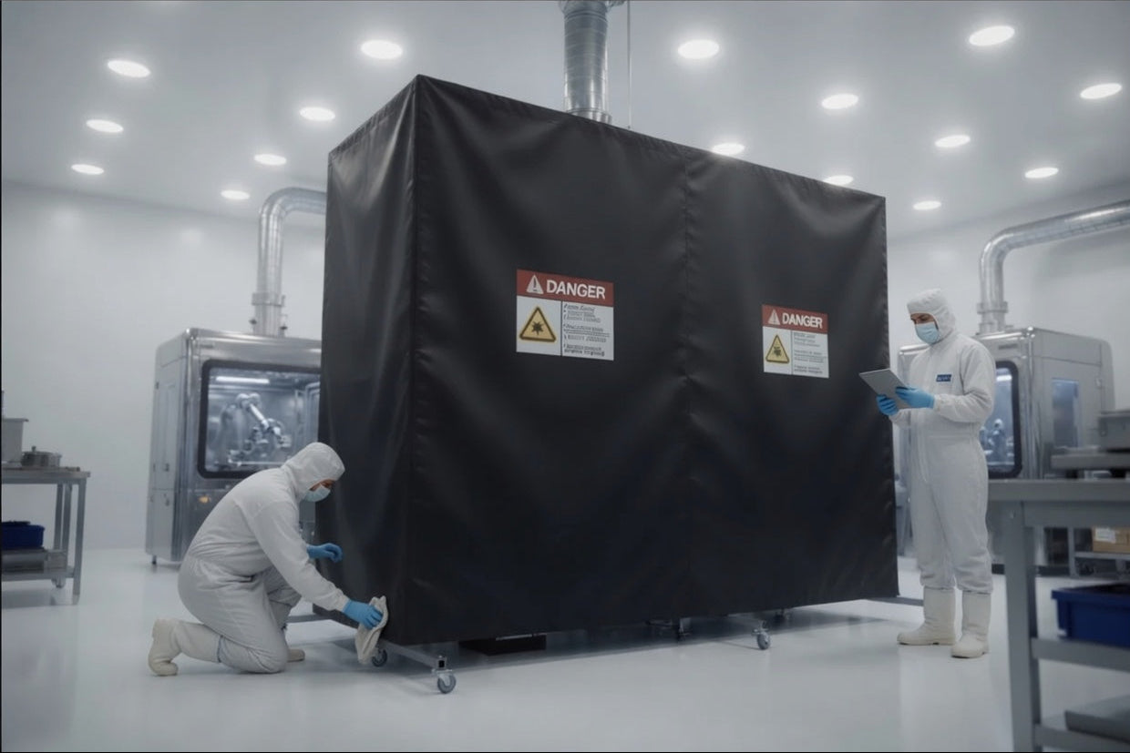 Laser safety curtain enclosure installed in a cleanroom manufacturing environment