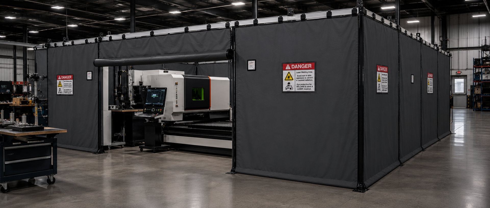 Industrial laser safety curtain enclosure surrounding an automated laser processing cell in a modern manufacturing facility