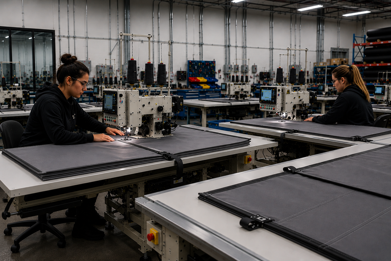 Manufacturing process for laser safety curtains showing precision sewing and fabrication of protective barrier materials