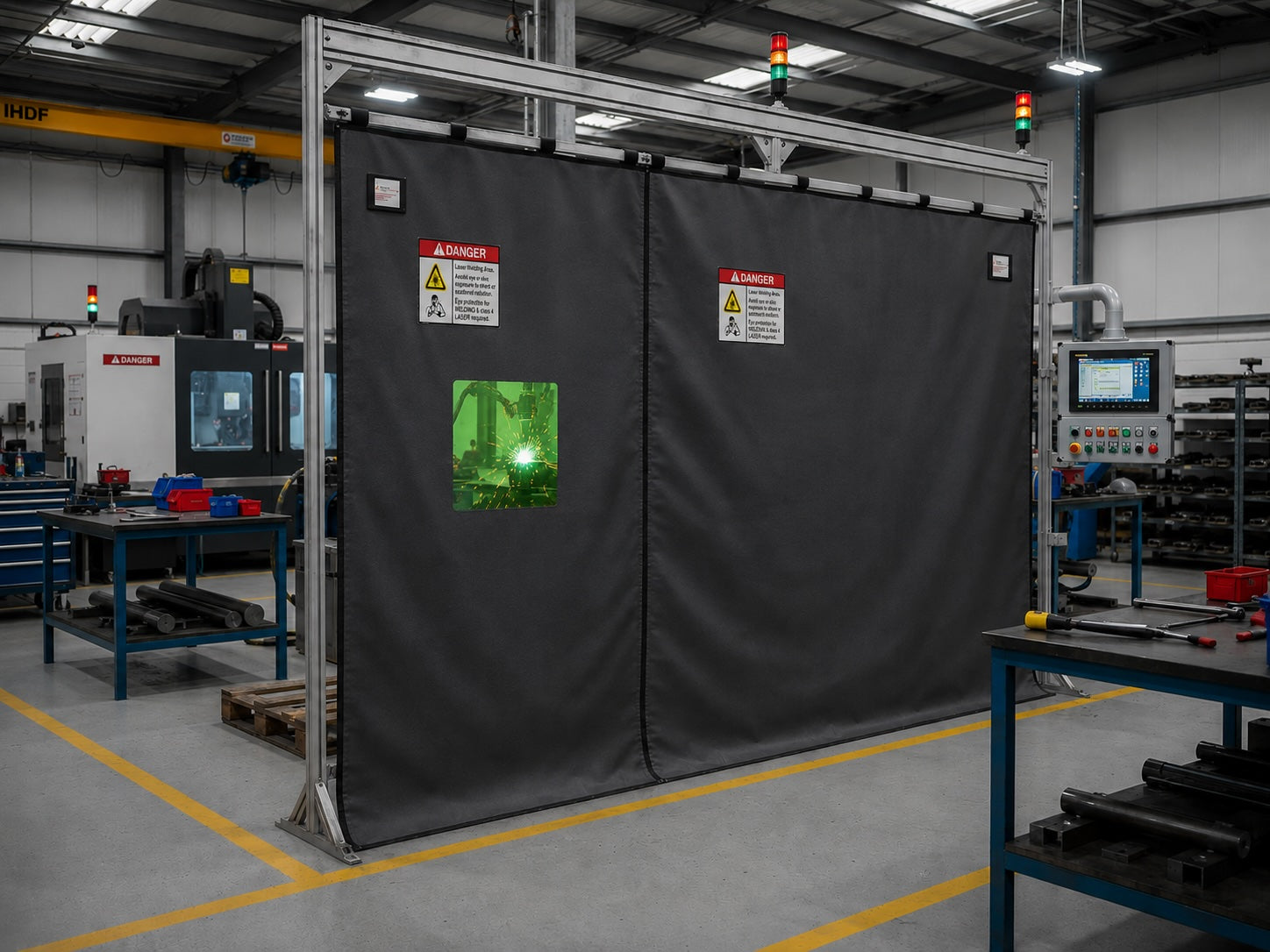Laser safety curtain enclosure with integrated laser safety viewing window in an industrial manufacturing environment