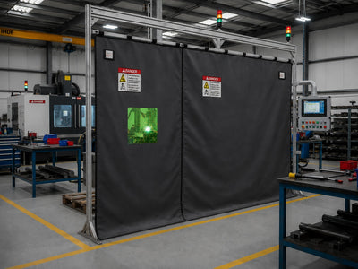 Laser safety curtain enclosure with integrated laser safety viewing window in an industrial manufacturing environment