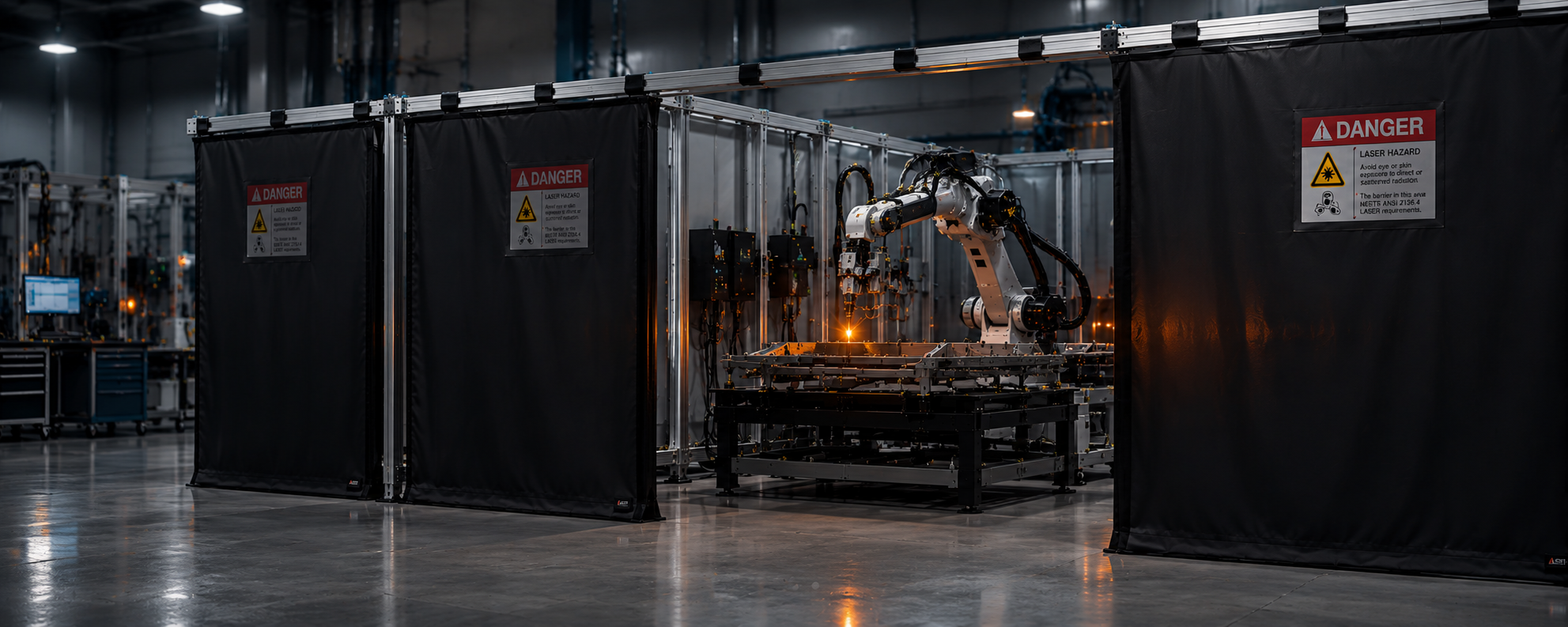 Industrial fiber laser welding cell surrounded by black laser safety curtains and robotic welding equipment in manufacturing facility.