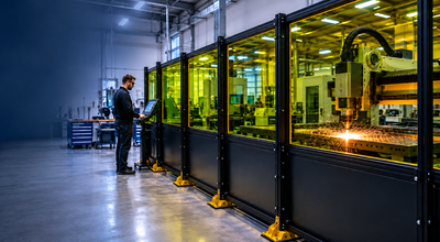 Industrial laser processing system operating inside a laser safety enclosure with protective viewing windows and containment panels in a manufacturing facility.
