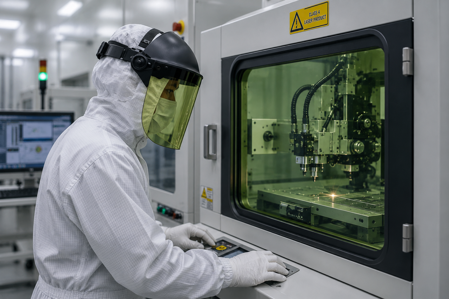 Technician wearing a laser safety face shield operating enclosed Class 4 laser processing equipment in a cleanroom manufacturing environment.