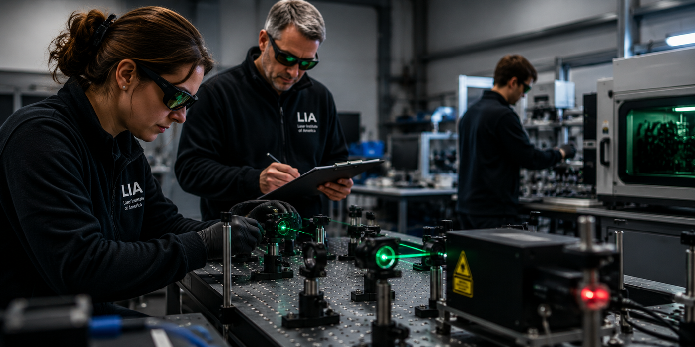 Laser safety professionals working in an advanced optics laboratory during Laser Safety Officer (LSO) training and ANSI laser safety standards evaluation.