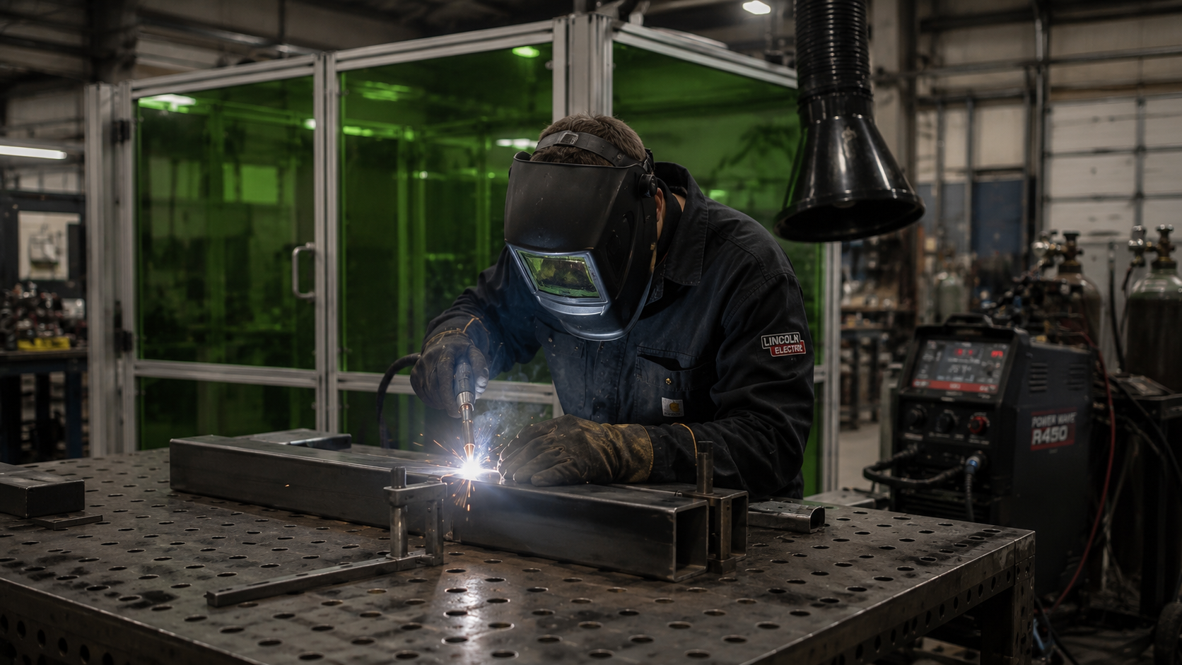 Laser welding workstation protected by integrated green laser safety viewing windows in an industrial fabrication environment