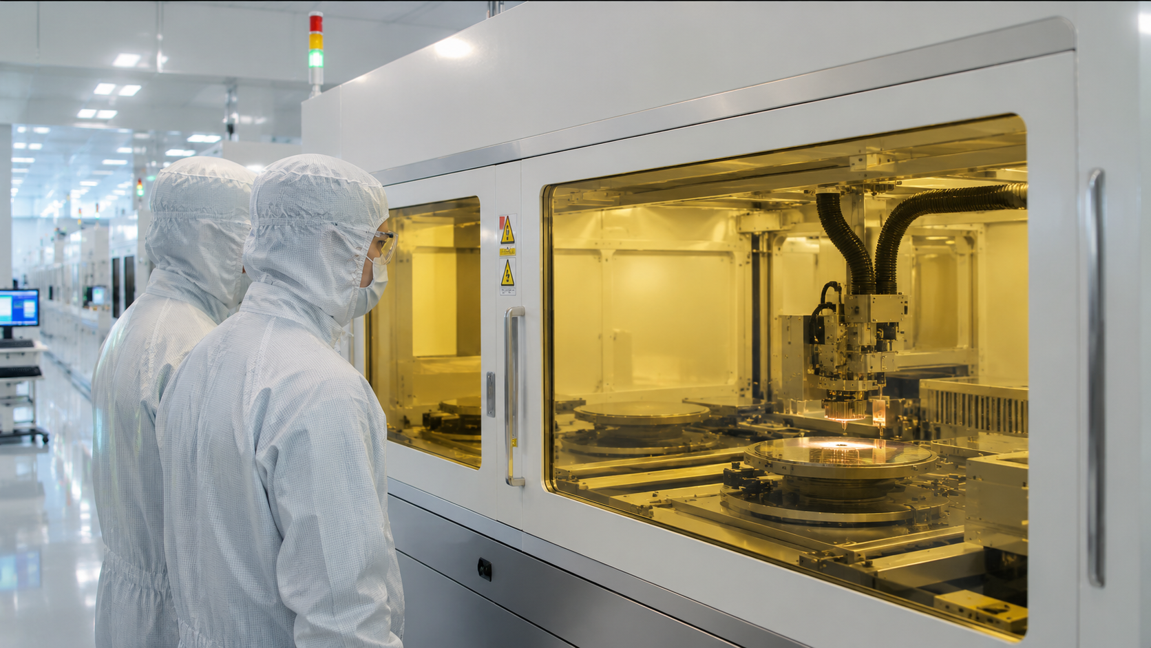 Engineers in a semiconductor cleanroom observing enclosed laser processing equipment through integrated laser safety viewing windows