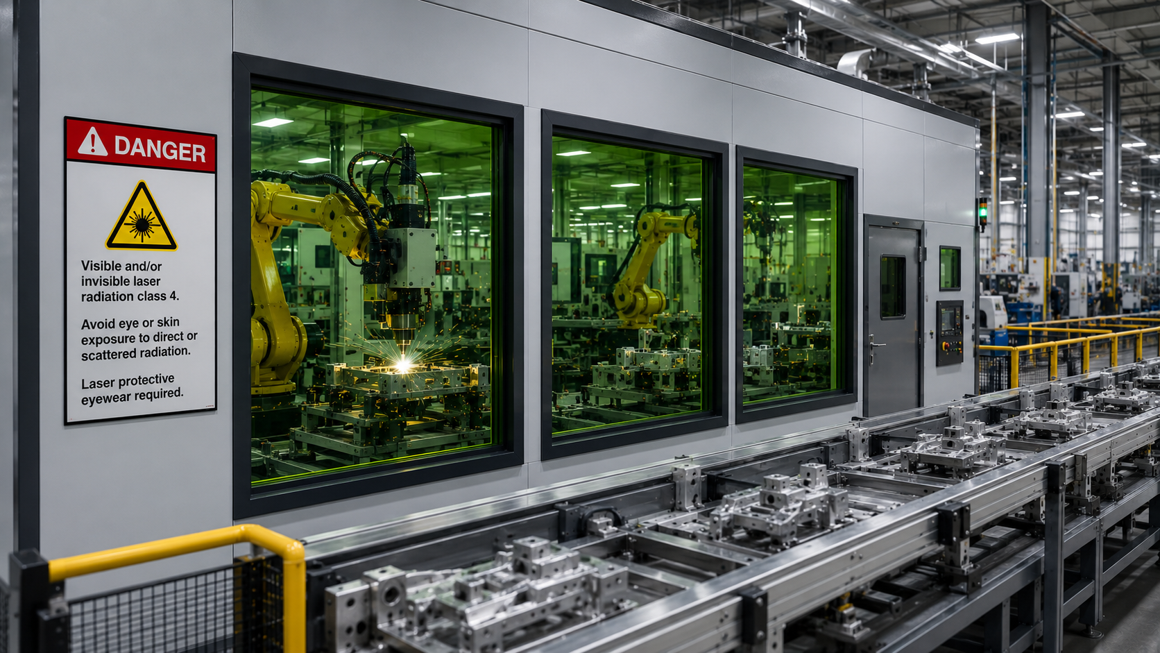 Laser safety viewing windows integrated into an automated industrial assembly line with robotic laser welding equipment operating behind green protective laser safety glass in a modern manufacturing facility.