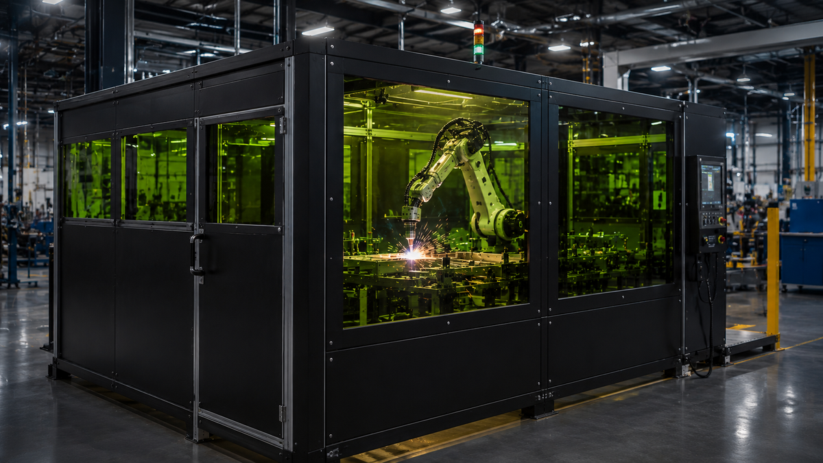 Automated laser welding enclosure with laser safety viewing windows and robotic welding cell in a manufacturing facility.