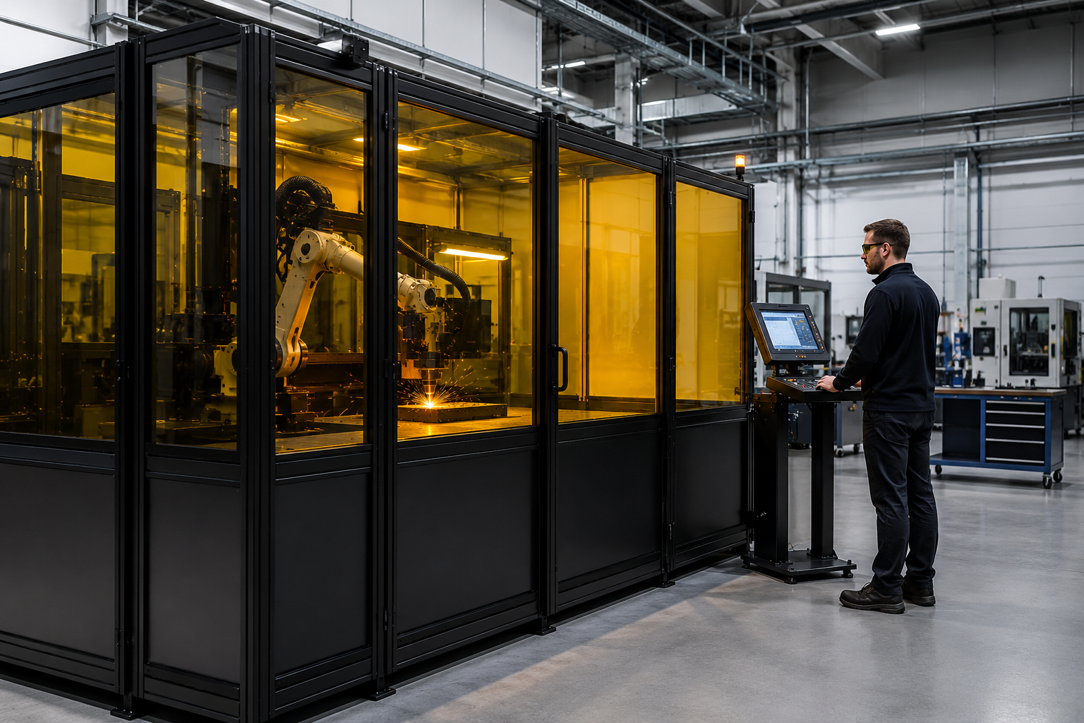 Industrial laser welding enclosure with amber laser safety windows and robotic fiber laser welding cell in manufacturing facility.