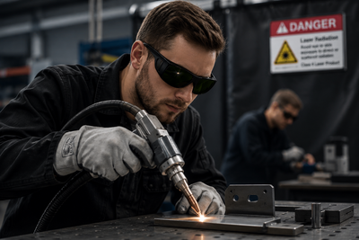 Worker wearing laser welding safety eyewear while operating a handheld fiber laser welding system in an industrial manufacturing environment.