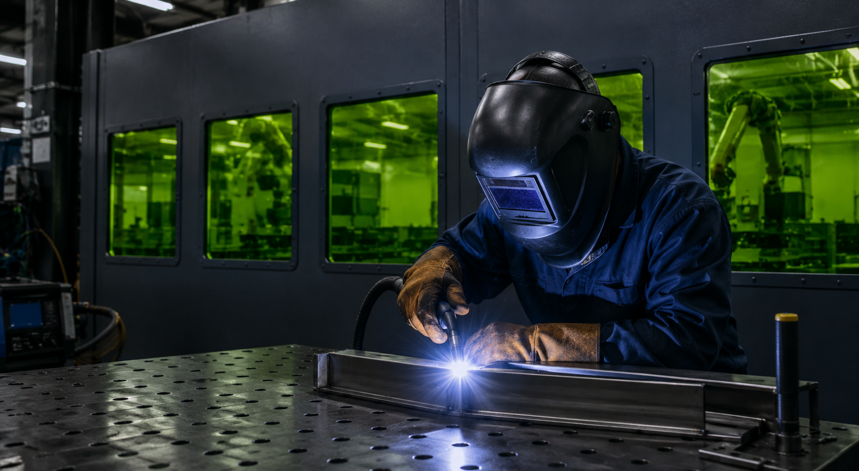 Laser welding application with protective laser safety windows integrated into an industrial containment system