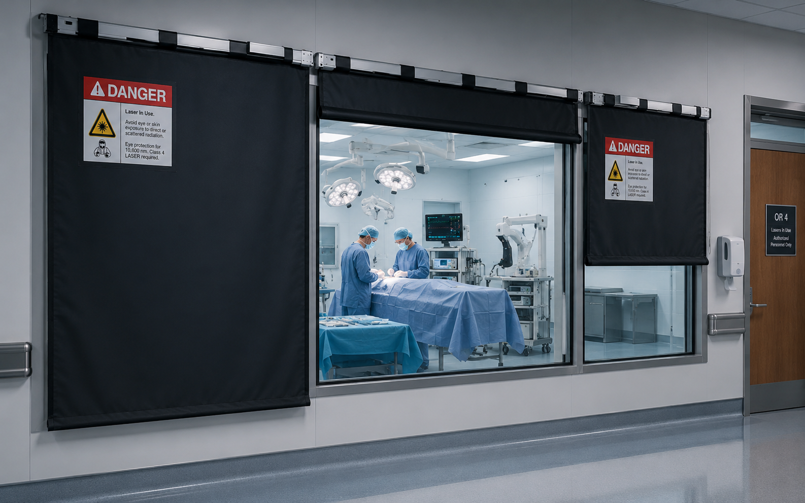 Laser window coverings installed outside a hospital operating room window to block hazardous laser radiation while maintaining visibility into the surgical suite.
