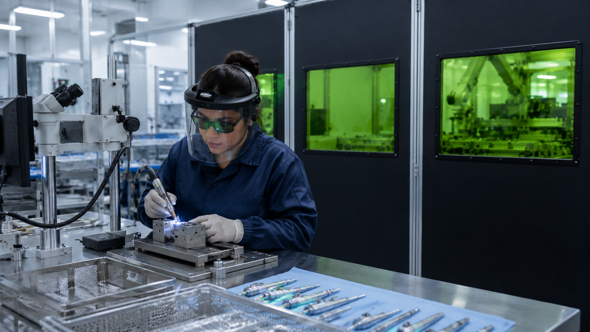 Medical device manufacturing technician wearing laser safety eyewear and face shield while performing precision laser processing in a controlled production environment.