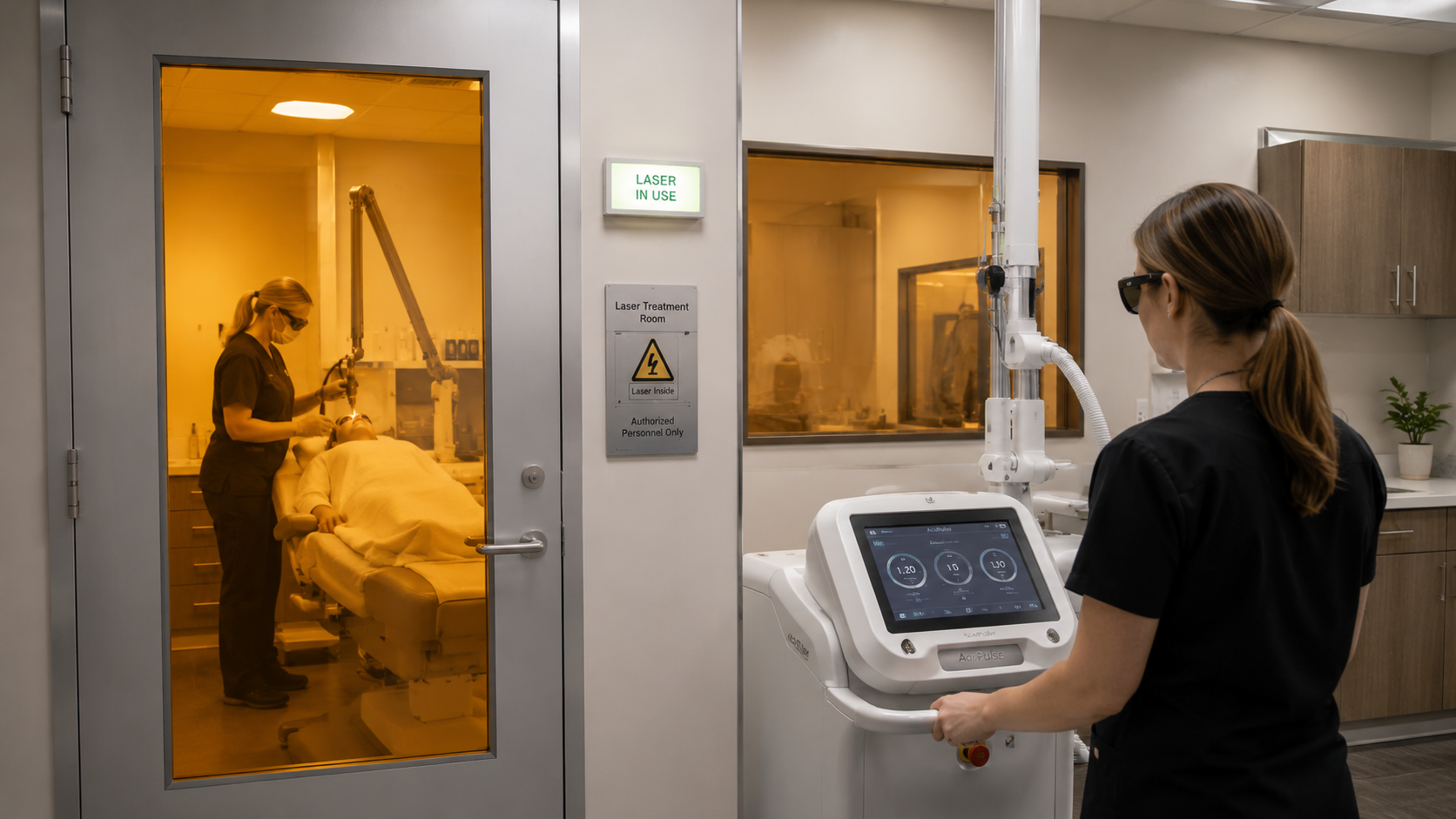Medical laser treatment room featuring integrated laser safety viewing windows and observation panels