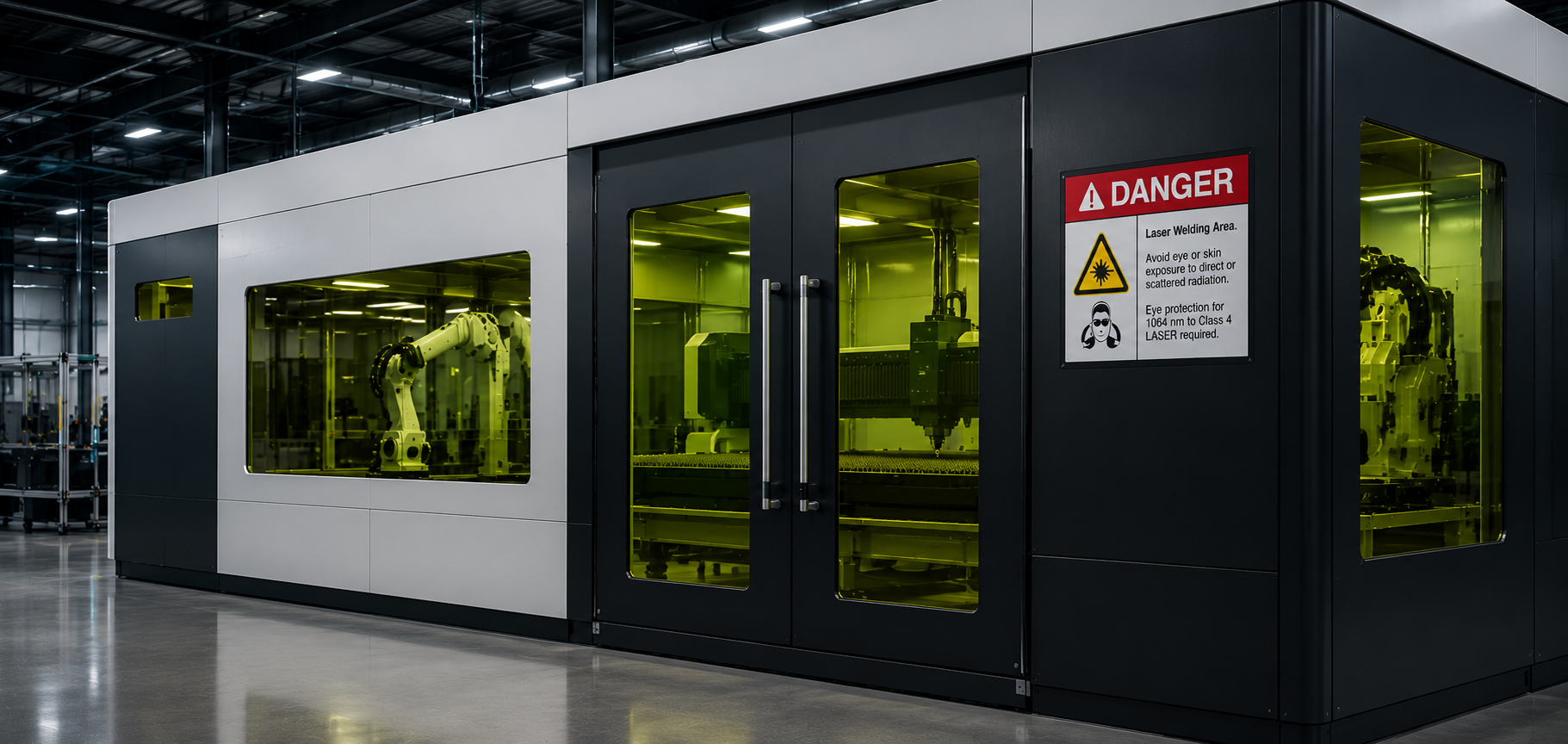 Modern industrial laser enclosure system with integrated green laser safety viewing windows, robotic automation, and Class 4 laser safety warning signage in an advanced manufacturing facility.