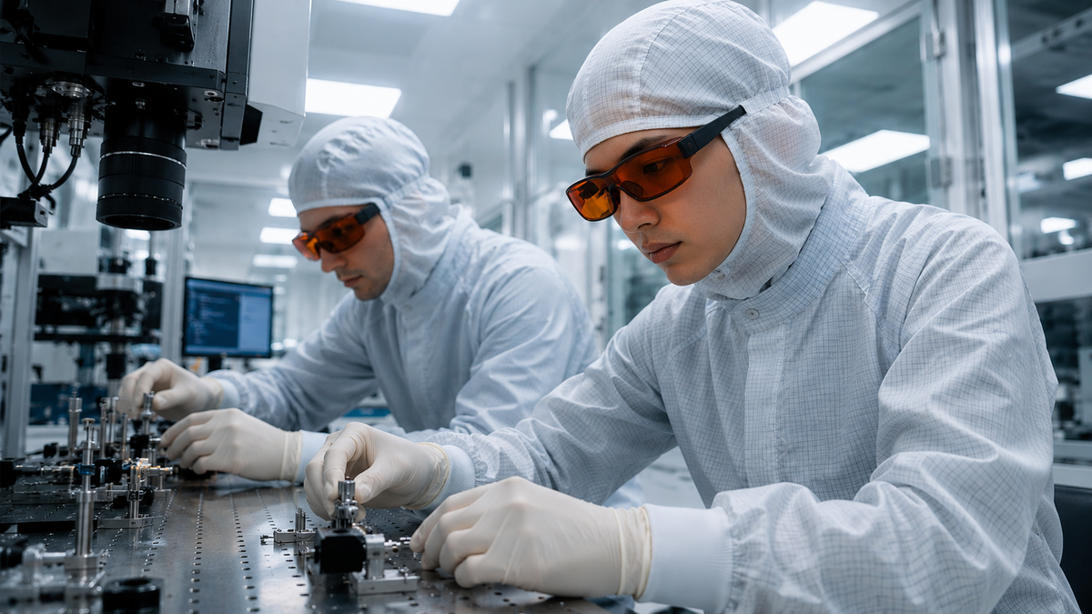 Photonics researchers wearing laser safety eyewear while working with precision laser equipment in a cleanroom environment