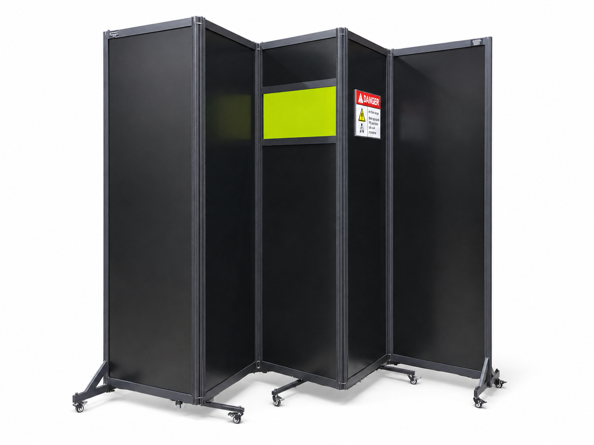 Portable laser safety hardwall barrier with integrated viewing window and laser warning sign