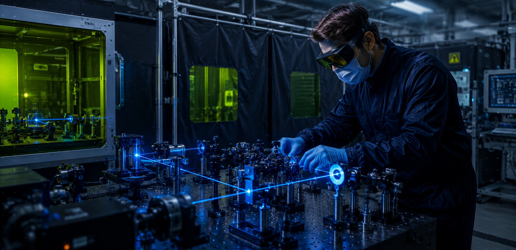 Researcher working with optical laser systems in a photonics and quantum technology laboratory featuring laser safety windows, laser safety curtains, and laser safety eyewear.