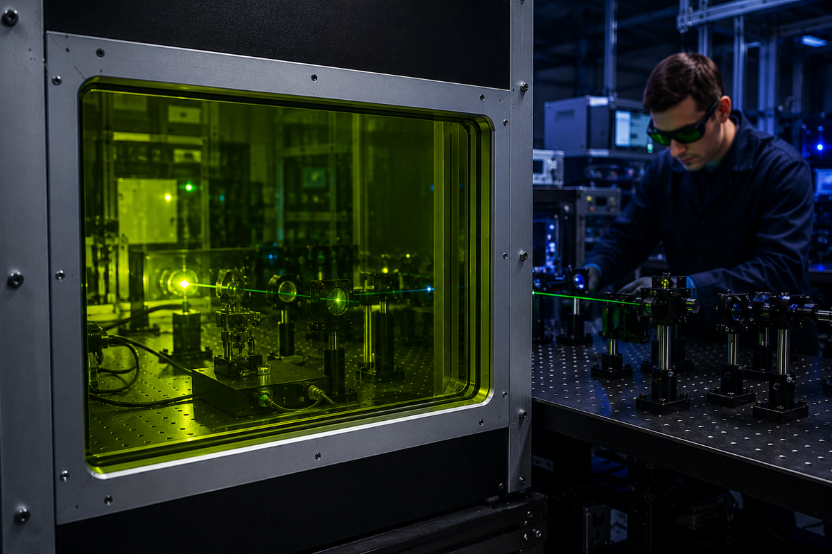 Laser safety window protecting a photonics and quantum research laboratory with visible optical laser systems and researcher wearing laser safety eyewear.