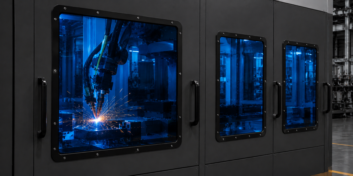 Robotic laser welding enclosure with laser safety windows for viewing automated welding operations