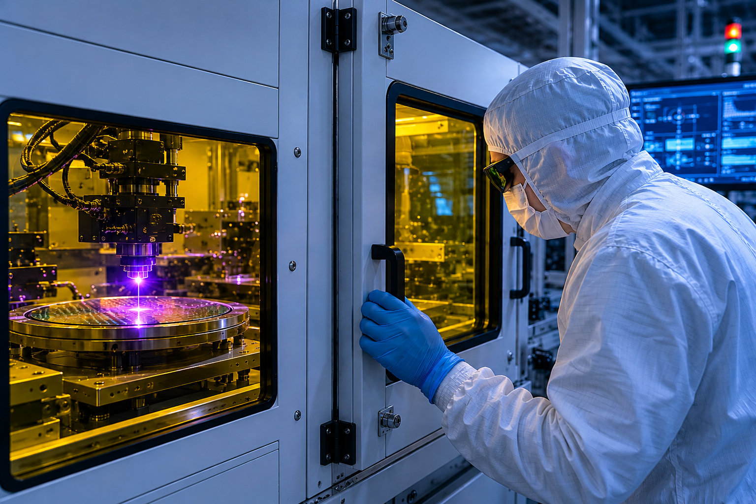 Semiconductor engineer observing a laser processing system through certified laser safety viewing windows inside a cleanroom manufacturing environment.