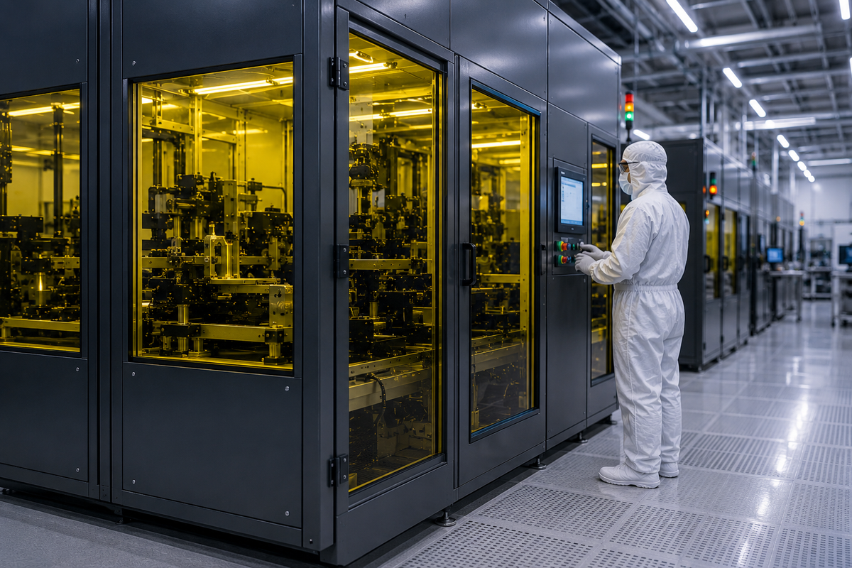 Semiconductor manufacturing equipment inside a laser safety enclosure with protective viewing windows in a cleanroom production environment.